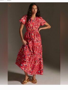 Anthropologie Somerset Red and White Flutter Sleeve Maxi Dress XXS